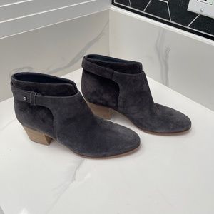 Vince gray suede stacked wooden heel ankle boot with pewter button accent